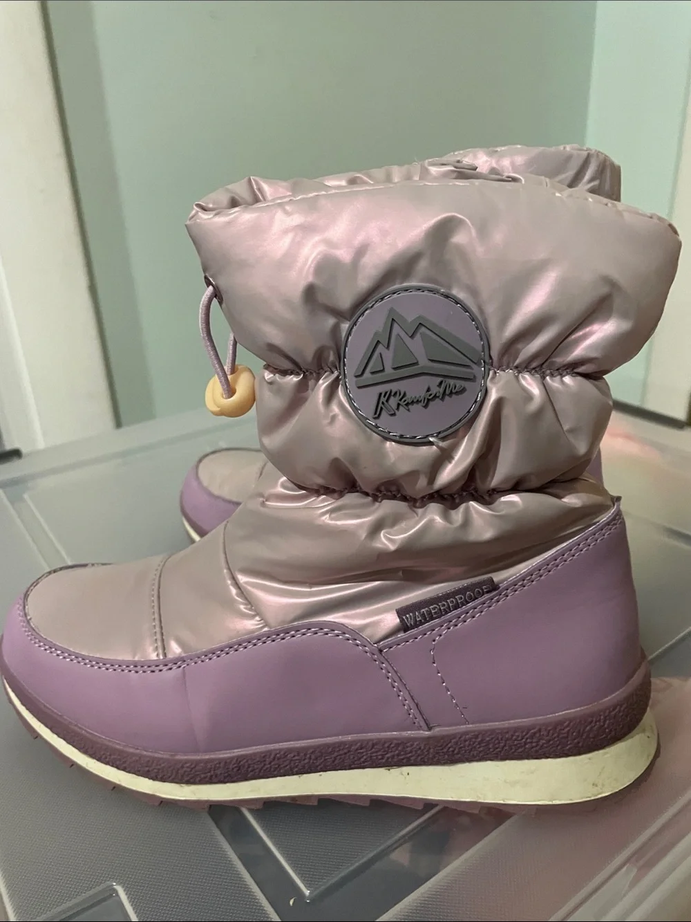 Kids Waterproof Purple Snow Boots with Drawstring Closure